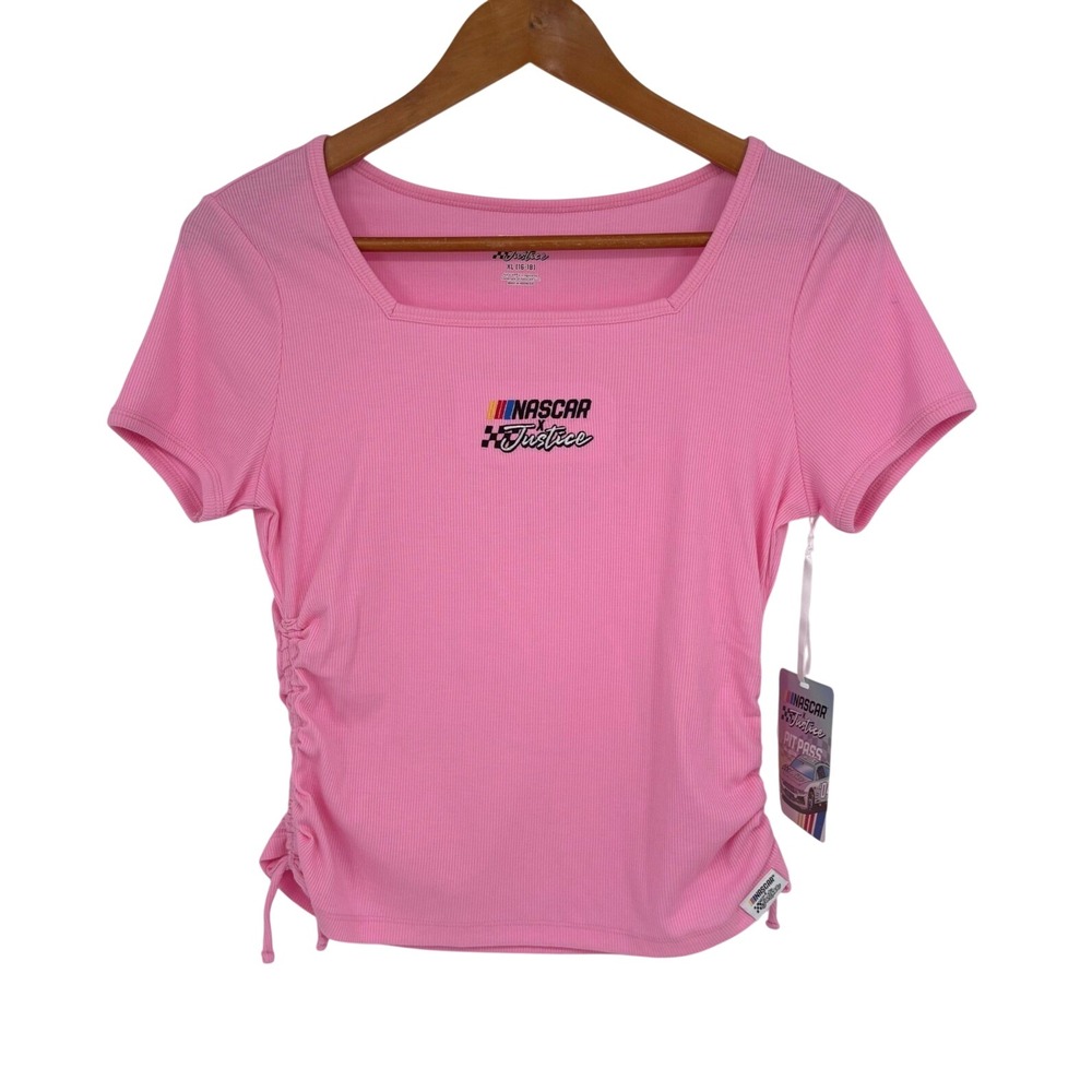 Justice NASCAR Top Girls XL 16-18 Pink Ribbed Cinched Side Square Neck NEW